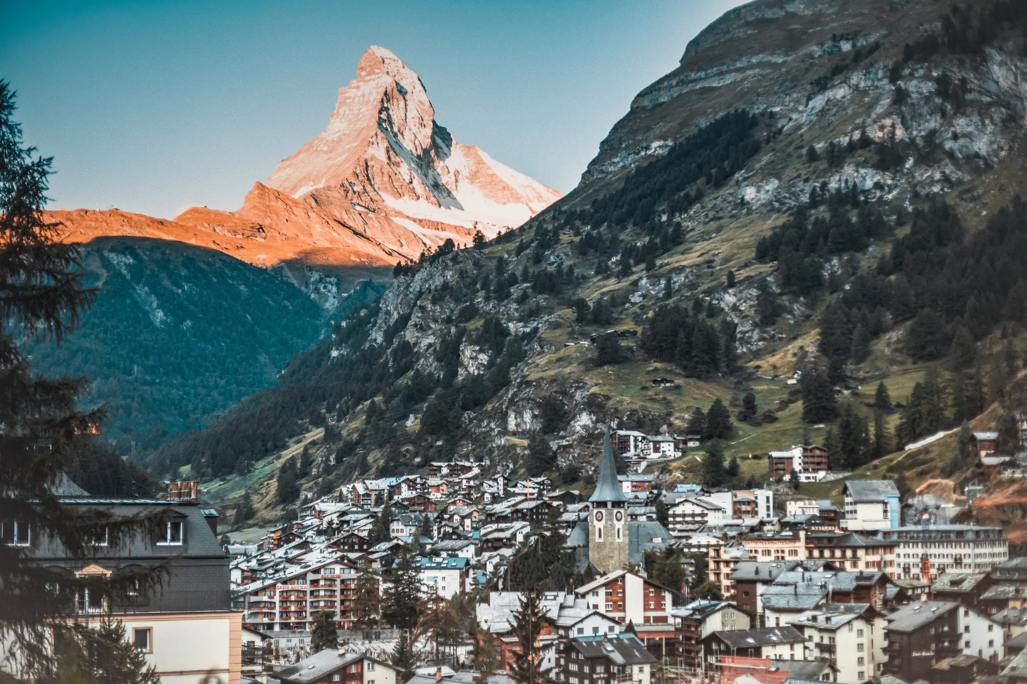 The Matterhorn rising above a mountain village