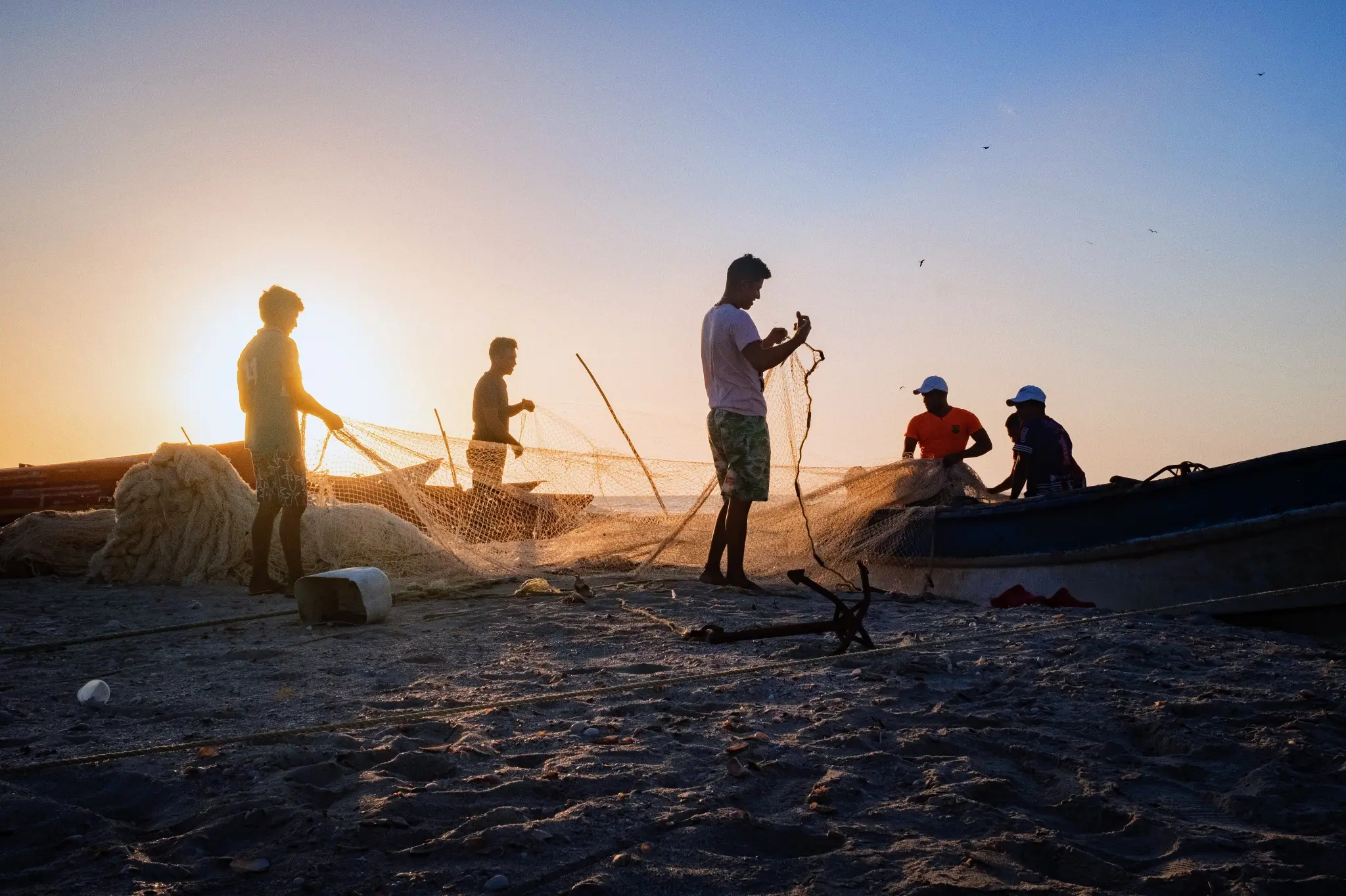 A crew working along a shoreline at sunset
