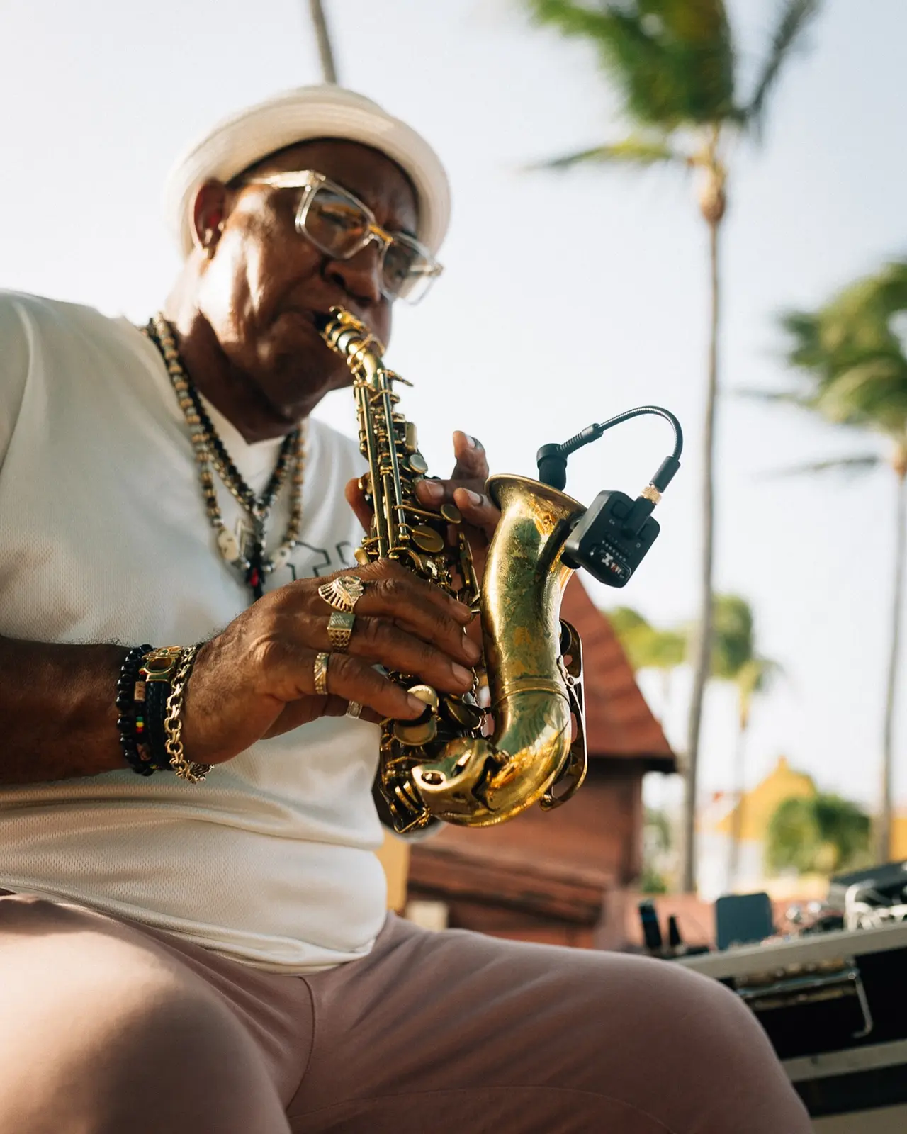 Saxophonist performing outdoors