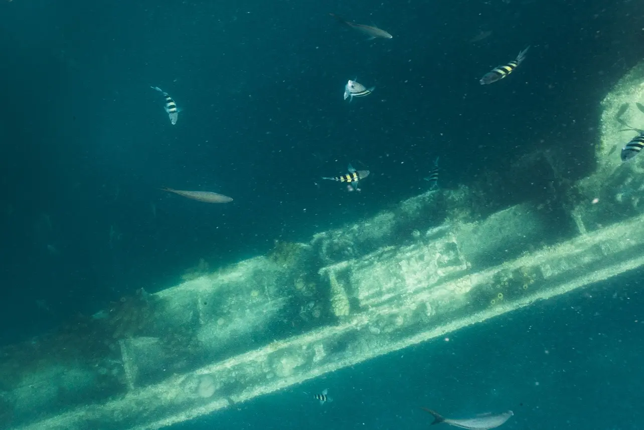 A submerged wreck beneath tropical water